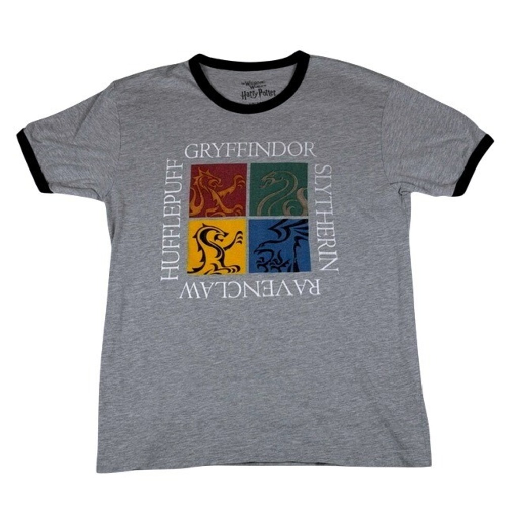 Harry Potter Hogwarts House Crests Grey Ringer T-Shirt Universal Studios Medium